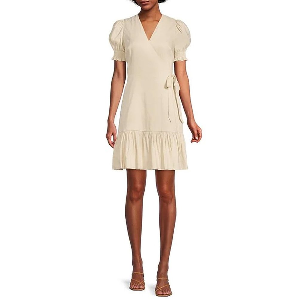 Antonio Melani Solid Red Linen Surplice V-Neck Short Puff Sleeve Wrap Tie Dress - Picture 2 of 15